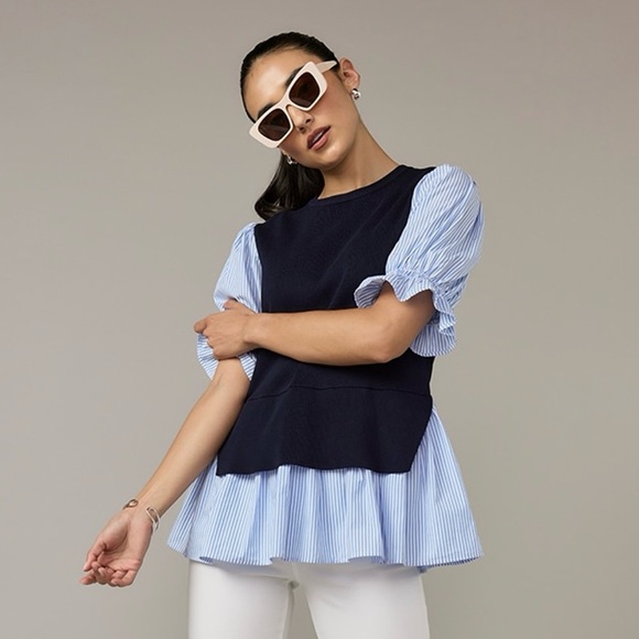 Nina Twofer Striped Half Sleeve Blouse - Picture 2 of 5